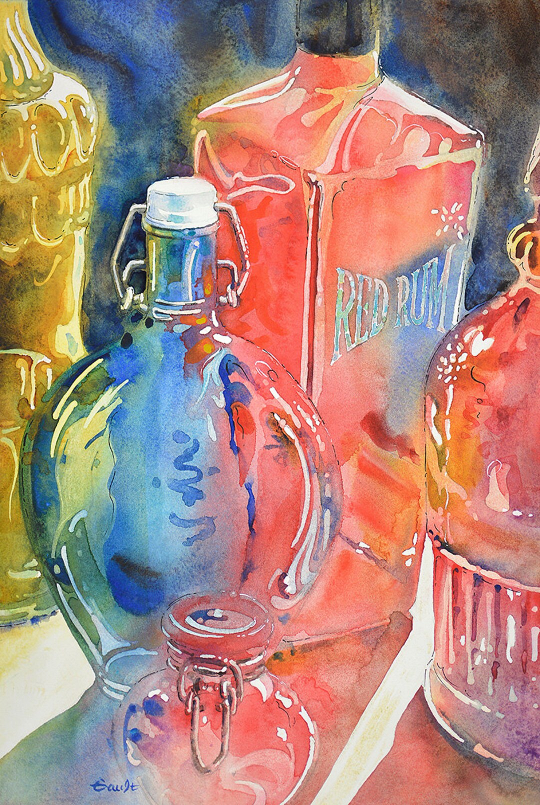 Colored Bottles Still Life Watercolor Print, Colorful Wall Art Prints ...