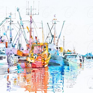 Nautical Art &quot;Harbour Impression 2&quot;  Watercolor Boat Painting, Hand-signed art print