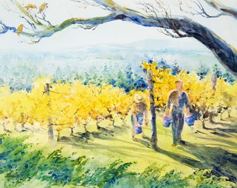 Vineyard Art Print “Windy Mountain Vineyard Afternoon” Watercolor Landscape Painting, Signed Limited Editions