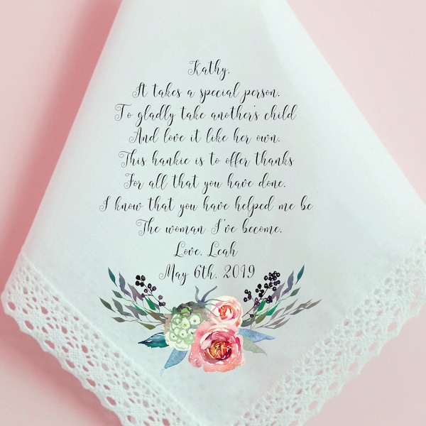 Wedding Handkerchief, Step Mother, Step Mom, Thank you for loving me as your own, Printed Hankie, Parents Thank you Gift, Mom Hankie- 65