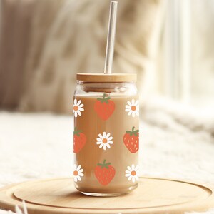 Strawberry And Daisy Glass Cup, Cute Glass Cup With Bamboo Lid And Glass Straw, Best Gift For Summer