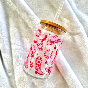 Pink Cowgirl Glass Cup with Straw, Western Rodeo Inspo