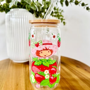 Strawberry Tumbler Libbey Glass 16oz | Iced Coffee Cup with Bamboo Lid & Straw | Cute Summer Gift | Strawberry Shortcake Aesthetic