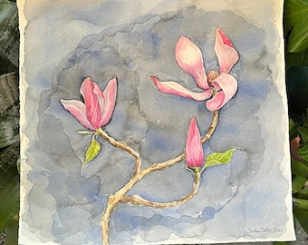 Japanese Magnolia Watercolor Painting, 2025 Floral Art Print (14"x14")