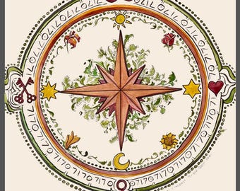 Hand Painted Watercolor Moral Compass Print: Celestial, Divine Feminine, Chakra Symbolism