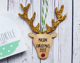 Children's christmas decoration, reindeer decoration, wooden xmas decoration, glitter xmas, handpainted, rudolph decoration, christmas gift