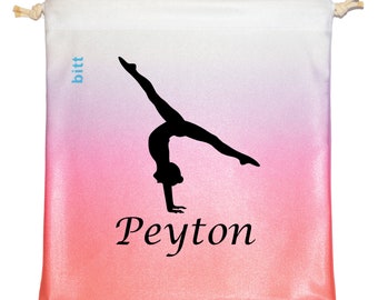 Personlized Gymnastics Grip Bag with Handstand in Coral, Purple, White Ombre with Swarovski Crystals Option