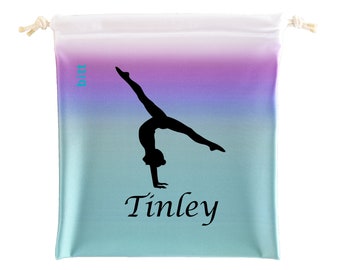 Personalized Gymnastics Grip Bag - Teal Purple and White Ombre Split Handstand Grip Bag with Swarovski Crystals Option