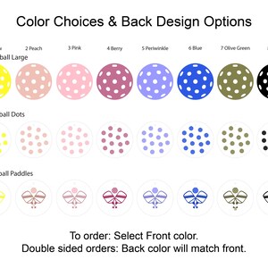 Pu&ograve; includere: Immagine che mostra le opzioni di colore e design per gli accessori da pickleball. Le opzioni includono palline grandi, palline a pois e disegni di racchette in vari colori come giallo, pesca, rosa, bacca, pervinca, blu, verde oliva e nero.