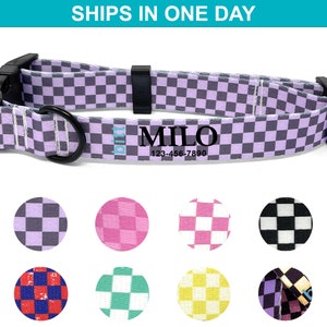 Personalized Dog Collar Checkered Custom Dog Collar Silent Dog Tag Personalized Collar Checker Girl Dog Boy Collar Small Dog Big Collar
