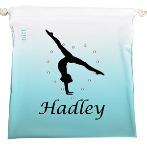 Gymnastics Grip Bag mit Split Handstand plus Optionen für personalisierte & Swarovski Kristalle Petrol und andere Ombre Grip Bag Farben + Crystals Heart