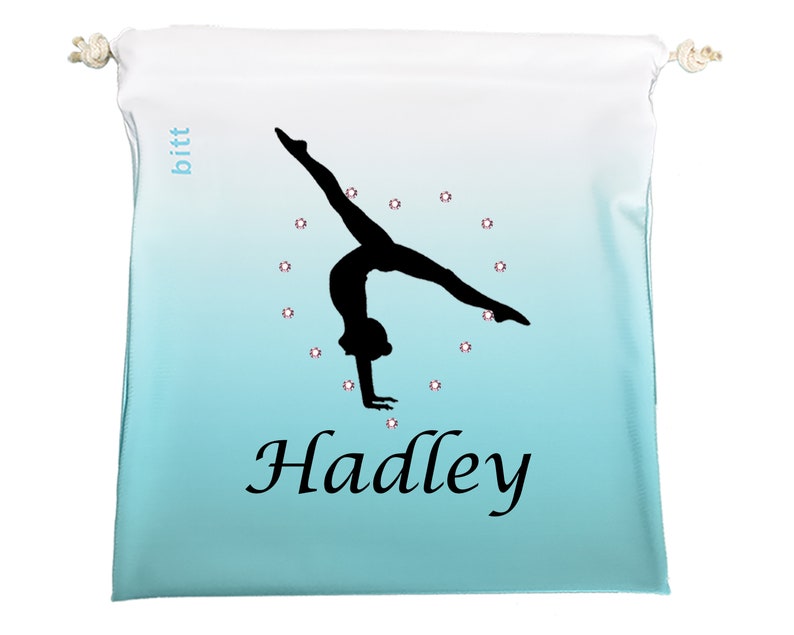 Gymnastics Grip Bag mit Split Handstand plus Optionen für personalisierte & Swarovski Kristalle Petrol und andere Ombre Grip Bag Farben + Crystals Heart