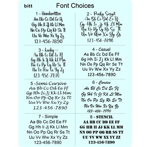 Pu&ograve; includere: Grafica azzurra che mostra otto scelte di font, ciascuna con un esempio di alfabeto e numeri. I font variano da manoscritti a stencil, mostrando varie opzioni di design del testo.