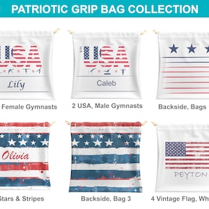 May include: Six drawstring bags with patriotic designs. The bags feature red, white, and blue stars and stripes, a vintage American flag, and the text "USA". Some bags have personalized names, such as "Lily", "Caleb", "Olivia", and "Peyton".