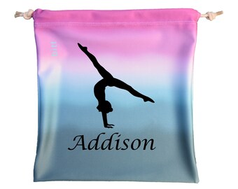 Gymnastics Grip Bag in Teal Pink Ombre with Split Handstand - Personalized and Swarovski Crystals options