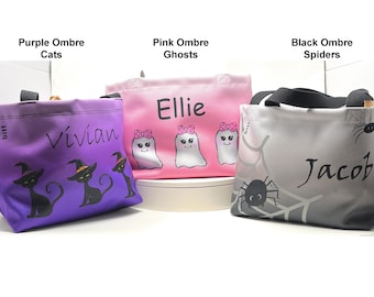 Bolsa de Halloween personalizada, bolsa de fondo plano para pedir dulces o trucos, contenedor de dulces para niños con arañas, monedero de Halloween con fantasmas y gatos