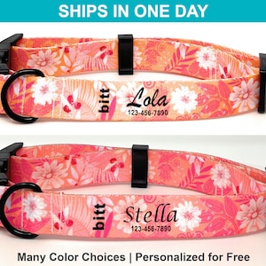 Personalized Dog Collar Floral Custom Dog Collar Magenta Silent Dog Tag Personalized Collar Flowers Girl Dog Boy Collar Small Dog Big Collar