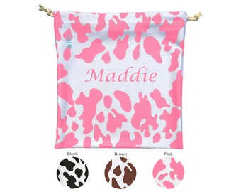 Gymnastics Grip Bag Cow Print Personalized Bag with Name Gymnast Drawstring Grip Bag Black Cow Print Pink Brown Spots with Crystals