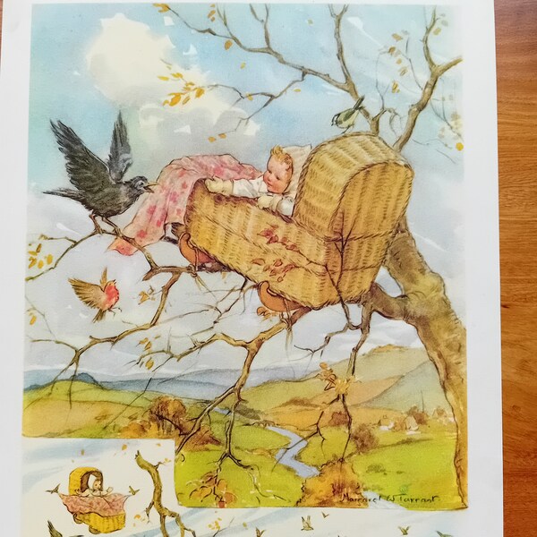 Vintage Margaret Tarrant Nursery Rhyme Book Plate Rock a Bye Baby for Framing, Junk Journals, Scrap Books, Collage and more 1947