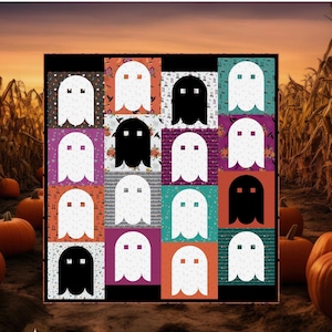 May include: A quilt pattern titled "Littlest Ghost" featuring a grid of ghost designs in various colours and patterns. The finished size is 169 x 179 cm. The background shows pumpkins and a cornfield.