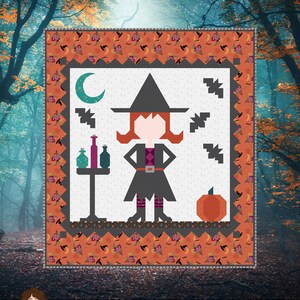 May include: A quilt pattern titled "Little Witch" featuring a cartoon witch with a black hat and dress, red hair, and a pumpkin. The quilt design includes bats, a crescent moon, and bottles. Finished size is 65" x 73".