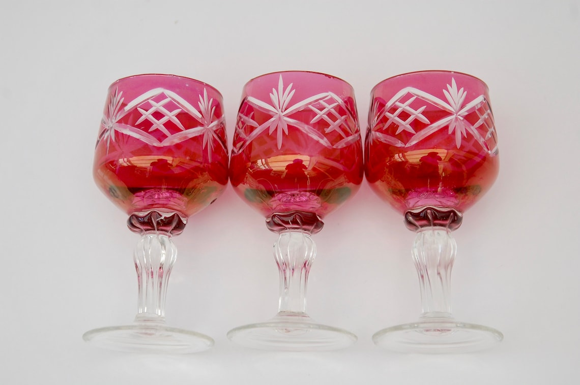 3 Vintage Ruby Red Stained Etched Glasses, Sherry Liqueur Glasses. Etsy