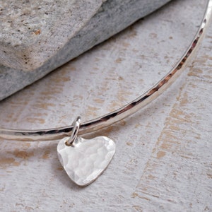 Sterling silver handmade solid silver D shaped outside profile hammered bangle bracelet 925 with heart charm
