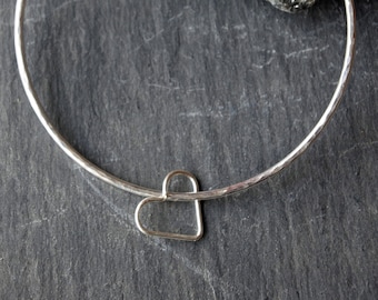 Sterling silver handmade solid silver D shaped outside profile hammered bangle bracelet 925 with heart charm