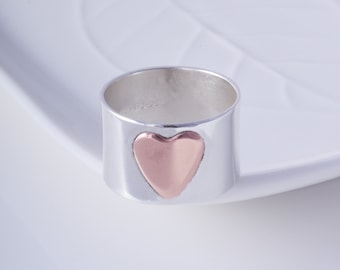 Sterling silver and copper heart ring handmade 12mm band ring 925