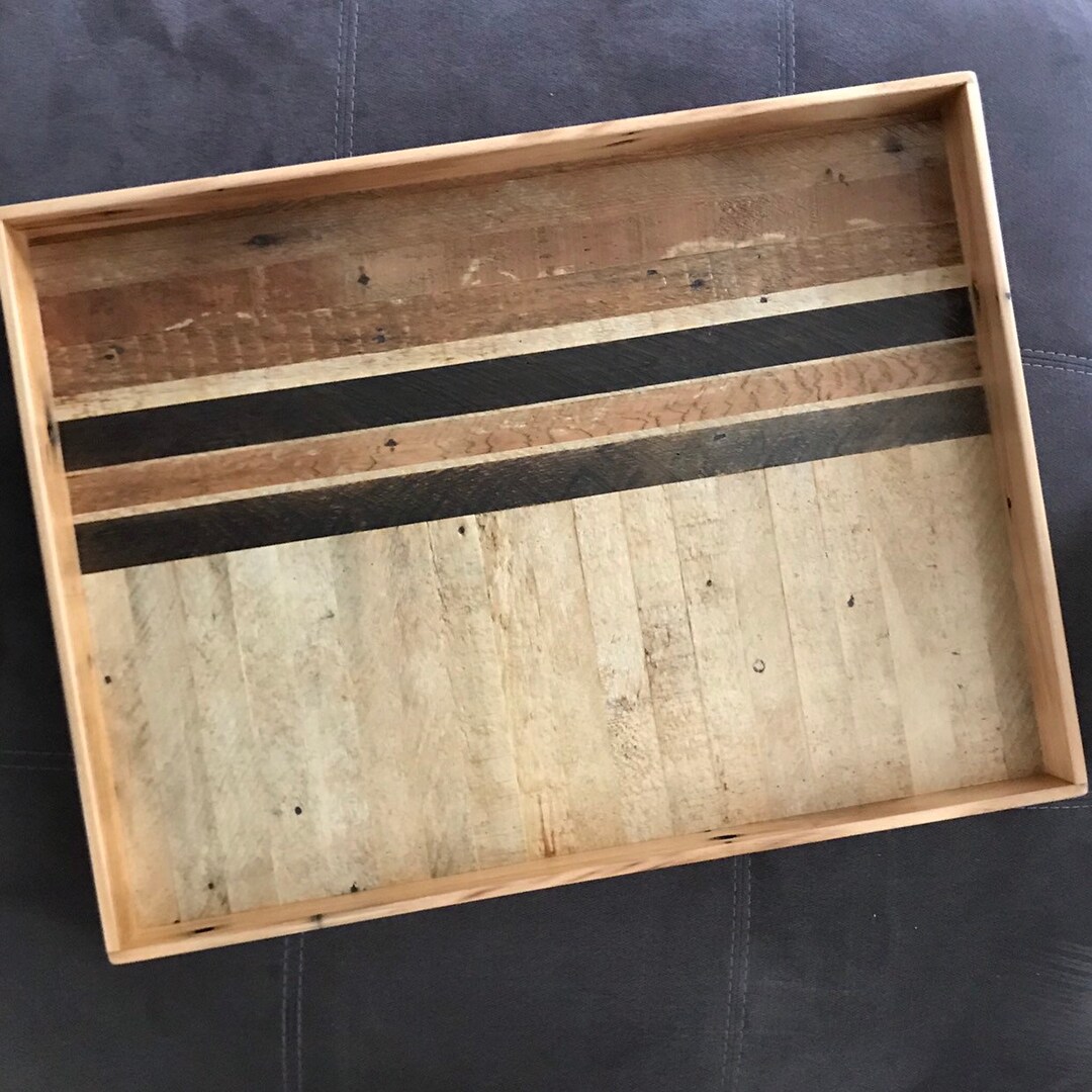 View of Reclaimed Wood Ottoman Tray: Geometric Pattern, Rustic Serving Tray - Etsy