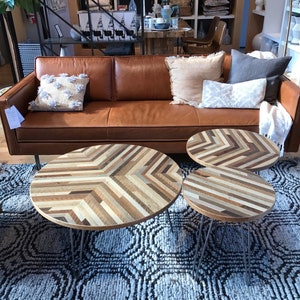 Custom Sized Round Y pattern Reclaimed Wood Lath Coffee Table