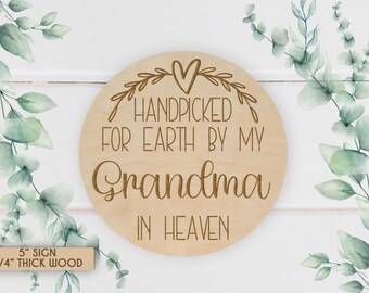 Grandma in Heaven Baby Announcement: Engraved Wood Sign, Photo Prop