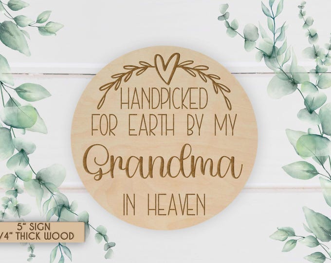 Grandma in Heaven Baby Announcement: Engraved Wood Sign, Photo Prop
