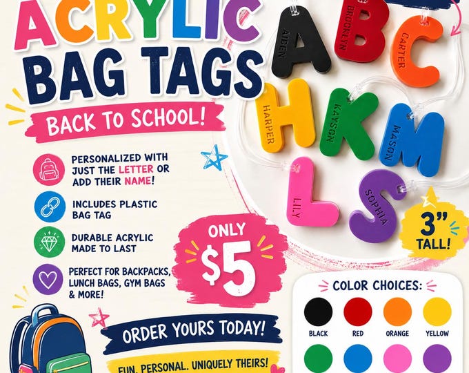 Personalized Acrylic Letter Bag Tag | Custom Backpack Name Tag | Back to School Gift | Lunch Box Tag | Initial Luggage Tag