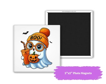 Halloween Ghost Photo Magnet: Spooky Orange Beanie - 2"x2" Square