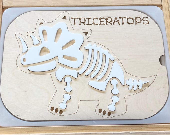 Triceratops Dinosaur Bones Sensory Board Insert – Fits Large IKEA Trofast | Wood & Acrylic Fossil Puzzle Insert