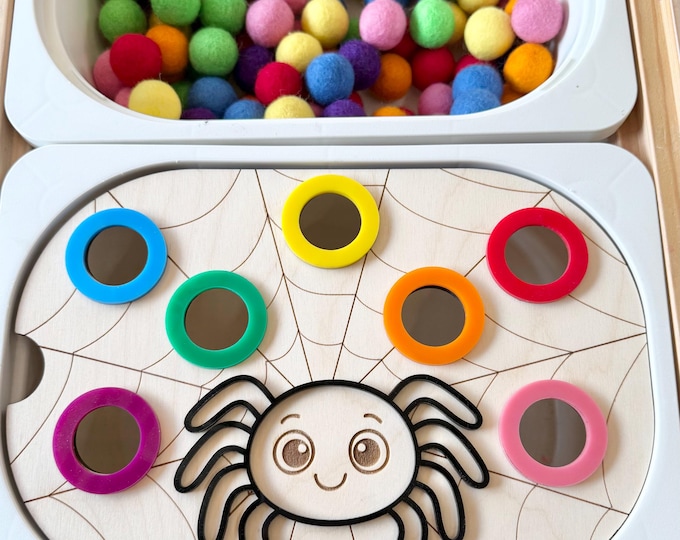 Spider Web Sensory Bin Insert for Small Ikea Trofast | Wooden & Acrylic Color Sorting Board | Montessori Fine Motor Toy | Optional Pom Poms