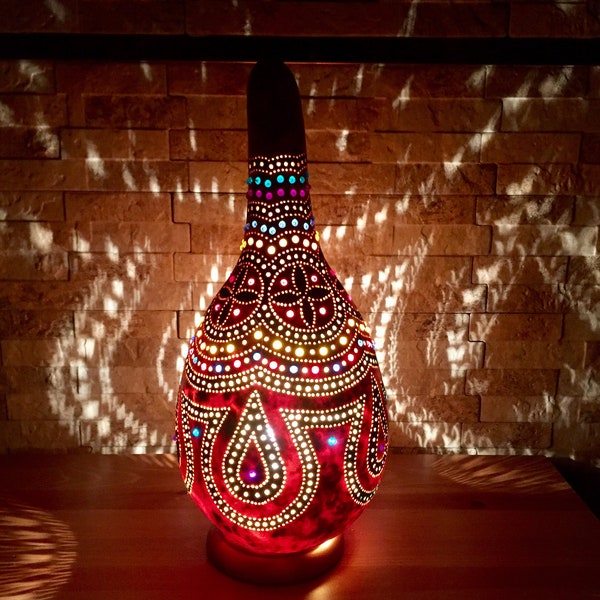 Turquoise gold and blue painted colorful beaded oriental boho chic vintage style turkish gourd lamp, colorful accent lamp gourd art bohemian