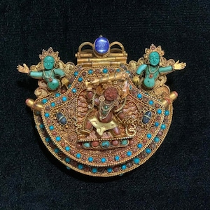 Masterpiece Tibetan Buddhist Silver Double Ghau Prayer Box crafted with Gem Inlay of Lapis Coral Turquoise