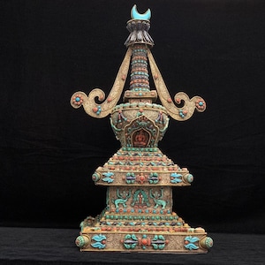 Masterpiece Nepali Buddha Stupa Pagoda Tower with Inlay of Turquoise, Coral & Lapis