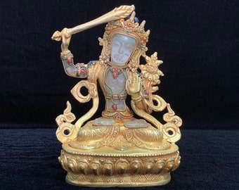 Nepali Crystal Manjushri (Boddhisattva of Wisdom) Gilt Statue with Stonework Inlay