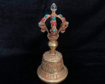 Tibetan Jeweled Buddhist Gilt Single Vajra-handled Bell