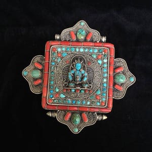 Tibetan Buddhist Aparmita Ghau Prayer Box crafted with Gem Inlay of Coral & Turquoise