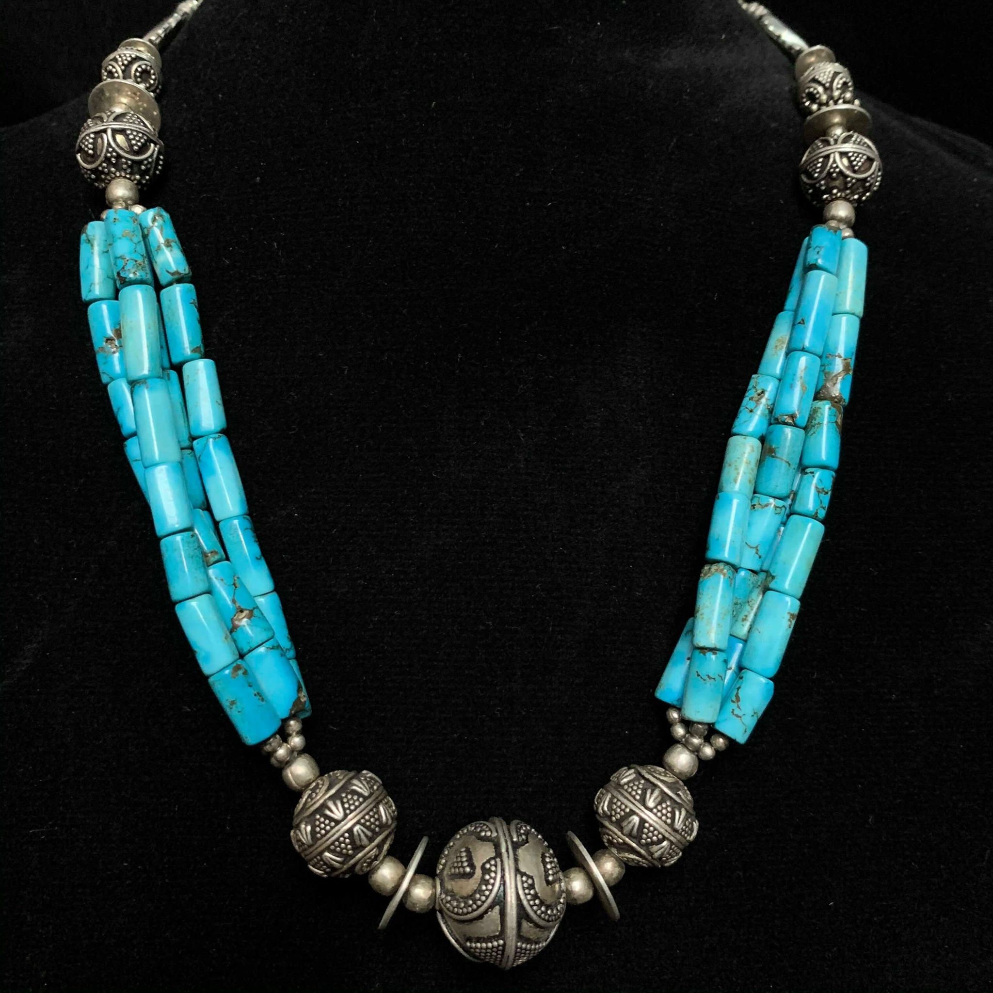 Nepali Silver Turquoise and Repousse Beaded Necklace - Etsy