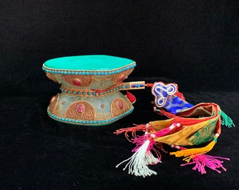 Crystal Chod Damaru Tibetan Ceremonial Drum Set with Gem Inlay