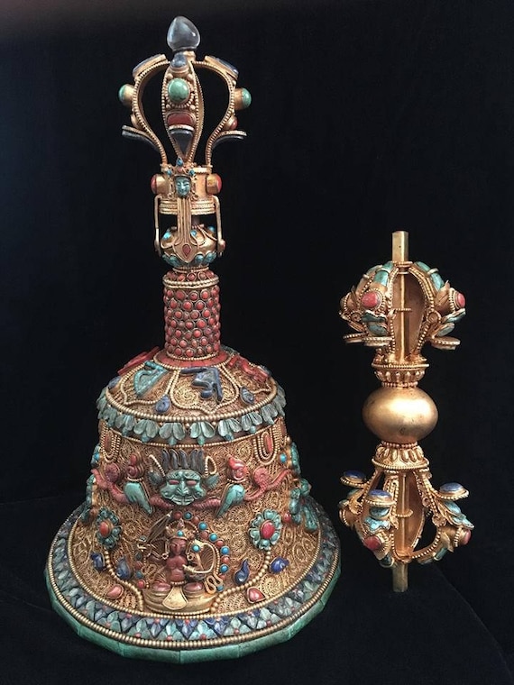 Antique Brass Inlaid Turquoise Nepal Handcrafted Dorje Tibetan Buddhist