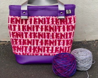 I KNIT, Woolly Wool Maxi project bag, knitting & crochet bag with knitted outer skin. Designer bag, unique and only here. Handmade in USA.