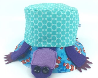 Sea turtle bucket hat, sun hat, purple & teal summer hat handmade from cotton and felt, 6 mon to adult, fun for kids, ideal sun protection