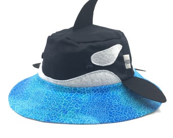 Orca Whale swimming in ocean sun hat for kids and adults. Lots of fun and great sun protection from summer sun. Unique and only here.