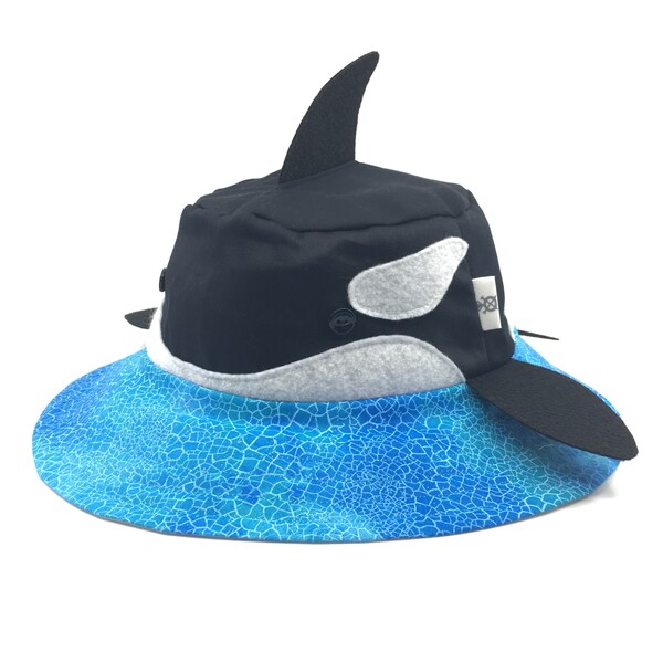 Orca Whale swimming in ocean sun hat for kids and adults. Lots of fun and great sun protection from summer sun. Unique and only here.